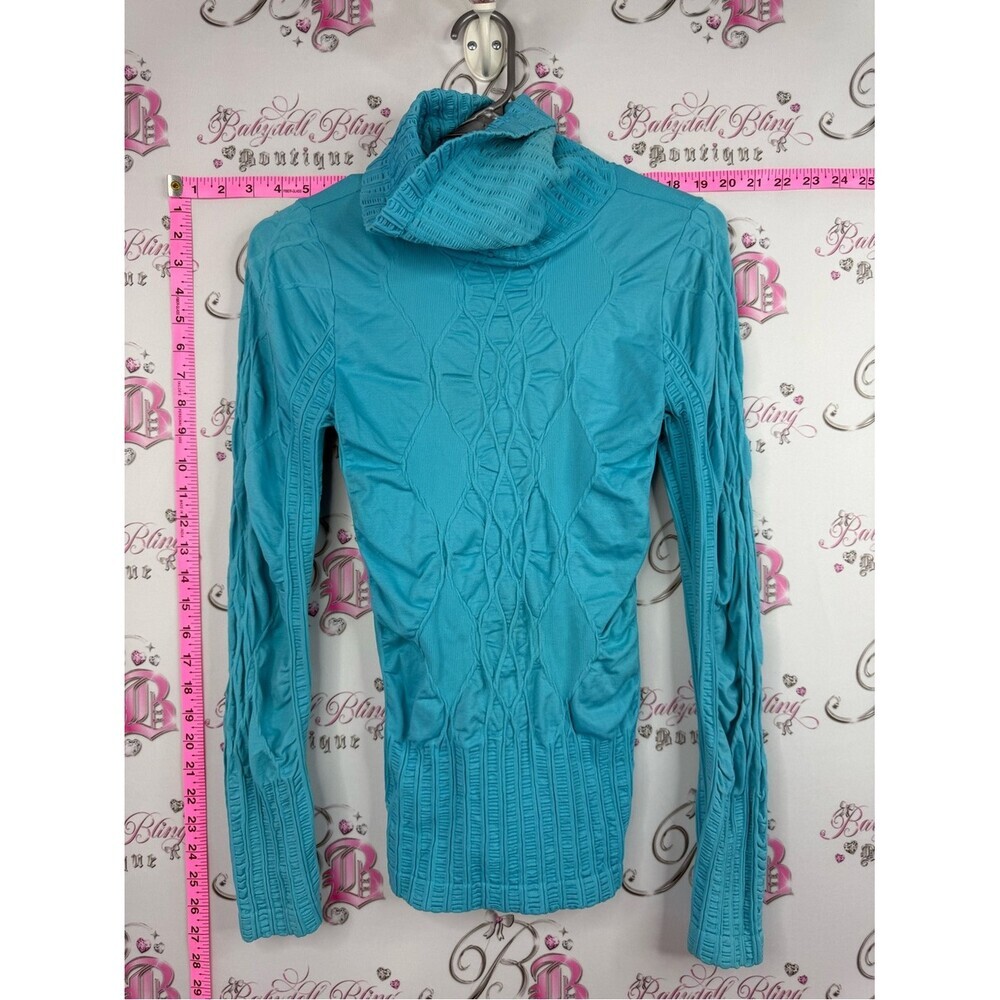Turtleneck stretchy tight y2k Teal Cable-Knit Cowl Neck Sweater